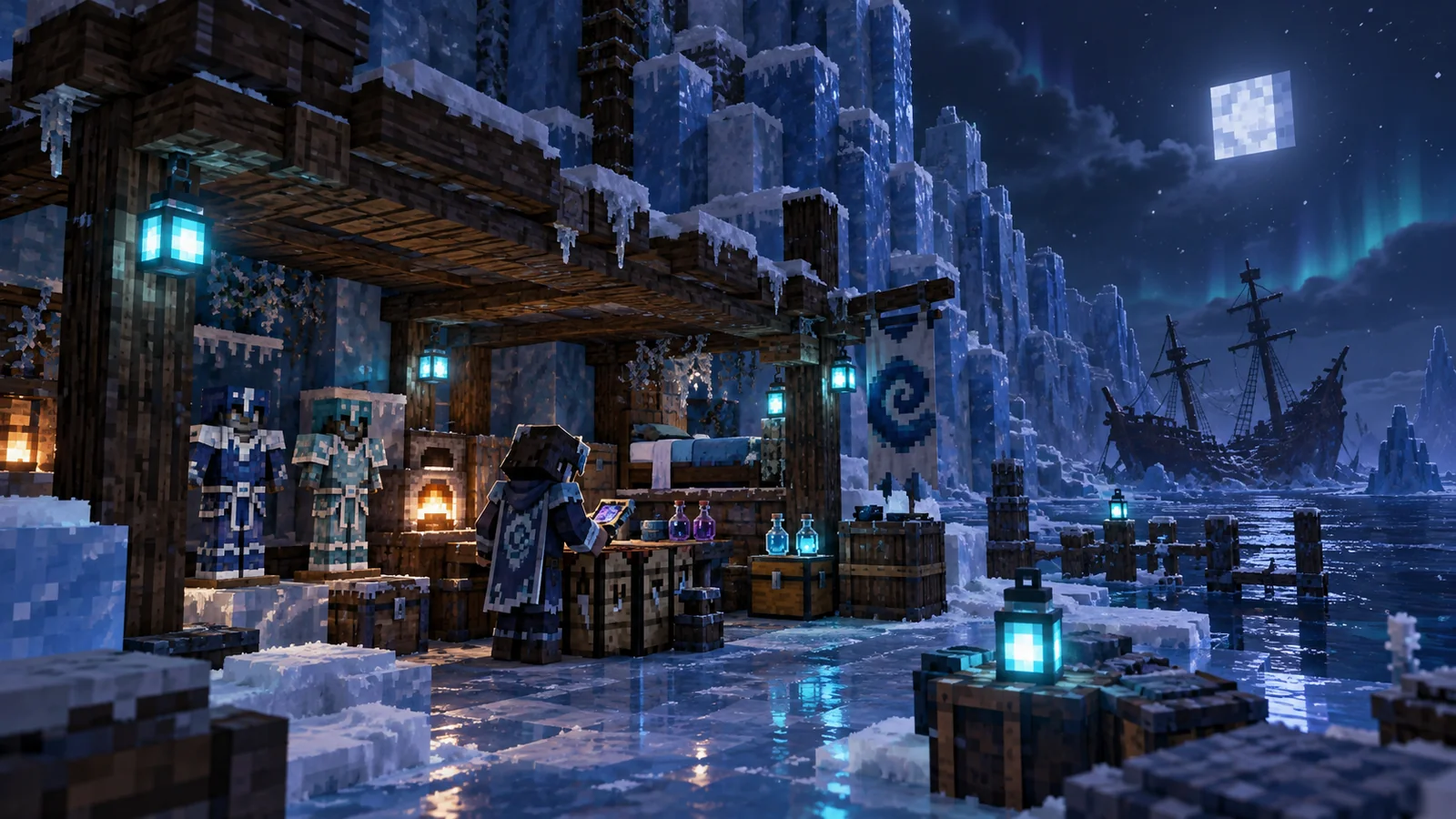 Aquamirae Mod Fabric setup scene at a frozen ocean outpost